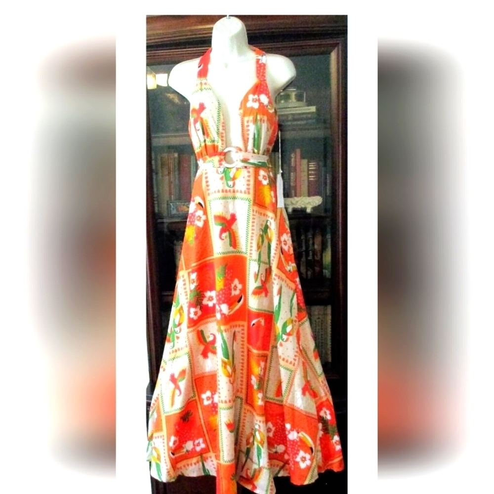 Live 4 Truth Art to Wear Parrots Vibrant Low Cut Halter Maxi Dress sz L Semi Ne